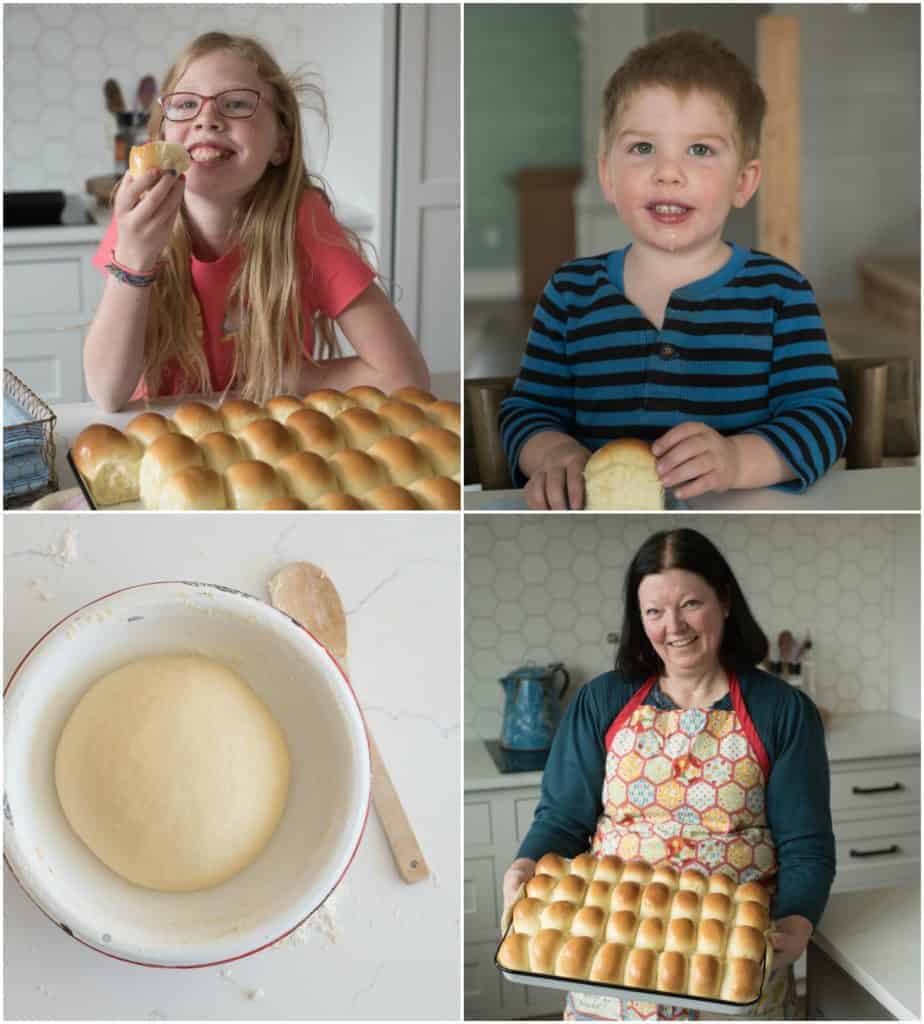 a collage of kids and some fresh baked rolls