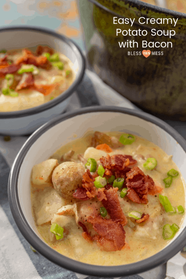 Title Image for Easy Creamy Potato Soup with Bacon and two bowls of creamy potato soup with chunks of potatoes, crumbled bacon, and sliced scallions