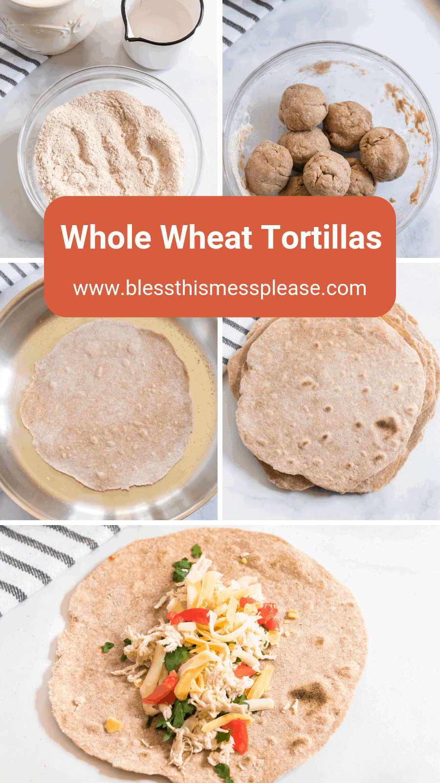 Hearty and healthy, whole wheat tortillas are beyond simple to make and go great with bold flavored wraps, tacos, and gyros! 