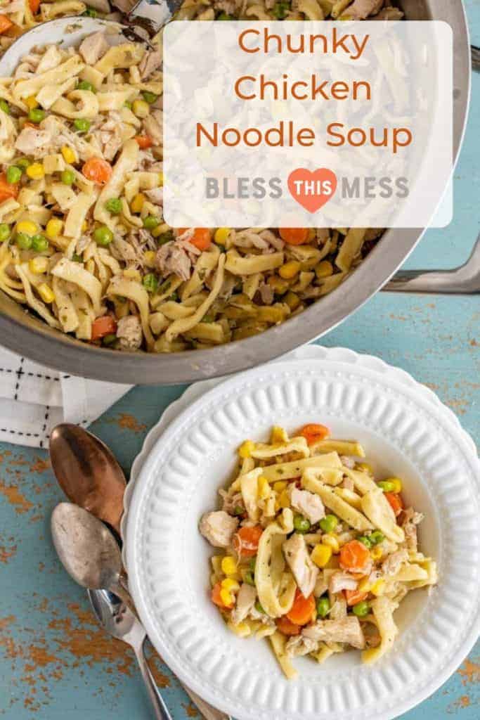 This comforting Chunky Chicken Noodle Soup will brighten any gloomy day and combat any head cold with its hearty combination of shredded chicken (or turkey), egg noodles, carrots, peas, corn, and lots of flavor-packing spices.