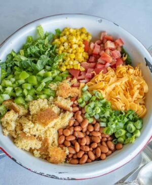 This cornbread salad has all of your favorite summertime flavors, like tomatoes, corn, pinto beans, and the star of the show, cornbread, and it's topped with a rich and creamy homemade ranch dressing! It's a perfect party dish.