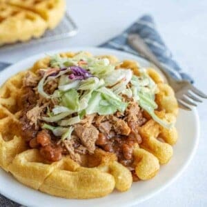 Cornbread Waffles with Pulled Pork, Beans, and Slaw.