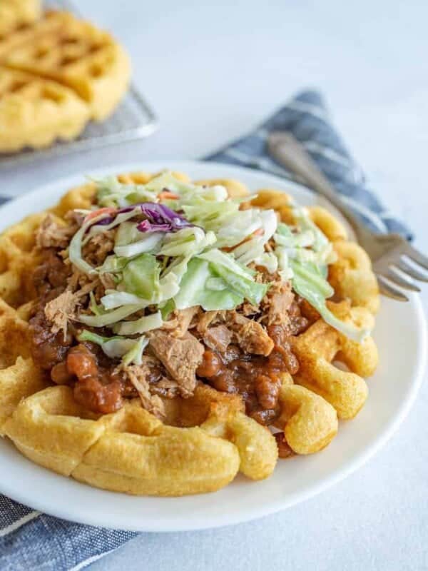 Cornbread Waffles with Pulled Pork, Beans, and Slaw.
