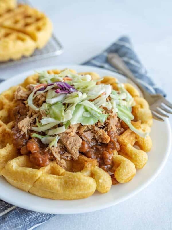 Cornbread Waffles with Pulled Pork, Beans, and Slaw