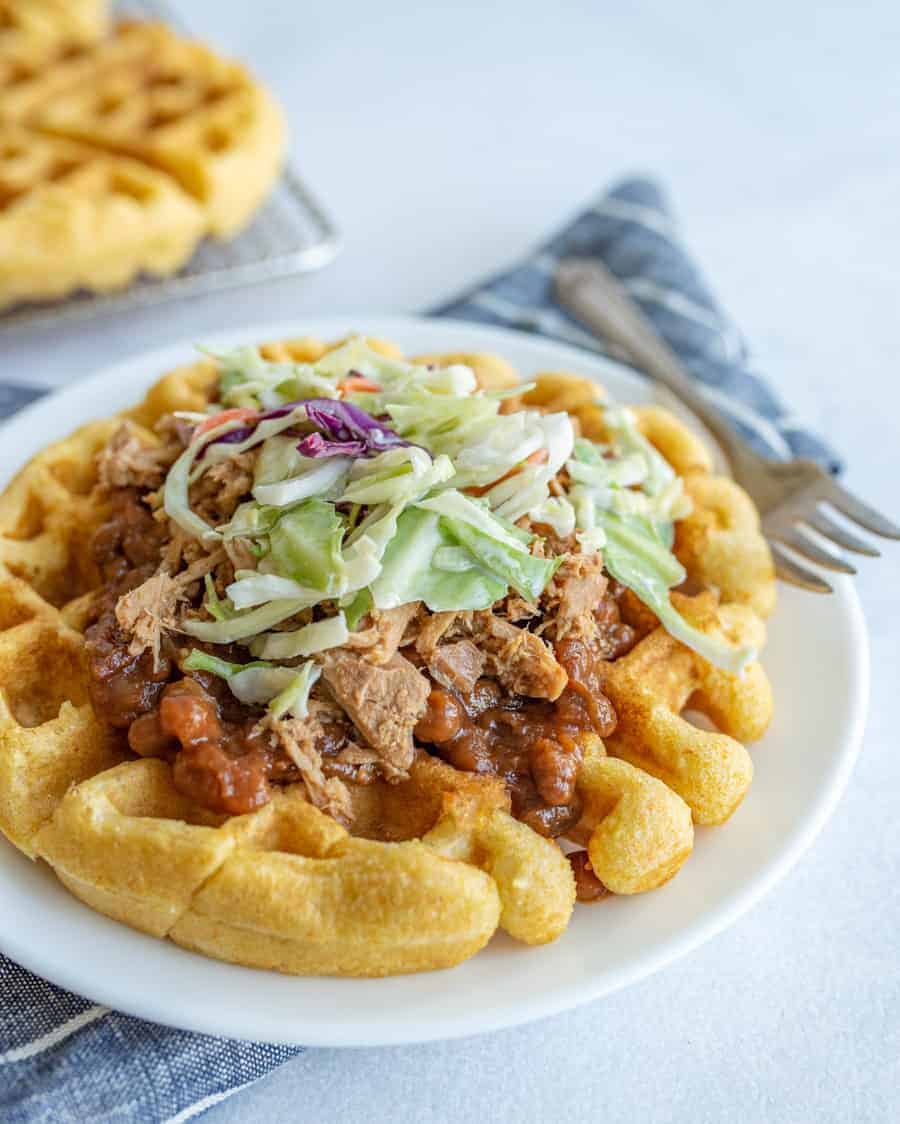 Cornbread Waffles with Pulled Pork, Beans, and Slaw Recipe