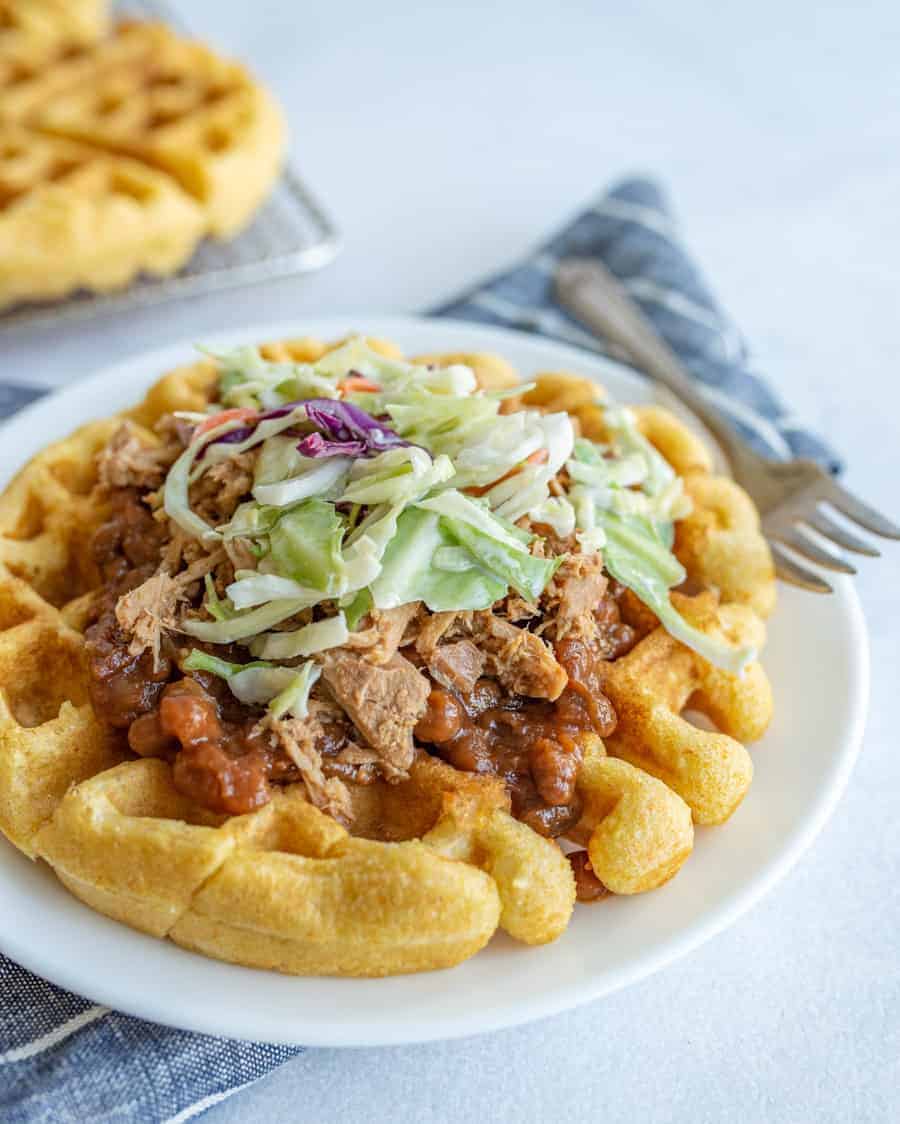 Cornbread Waffles with Pulled Pork, Beans, and Slaw Recipe 