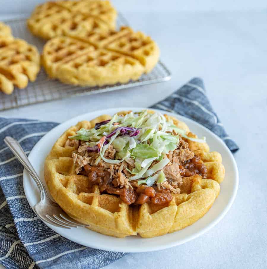 Cornbread Waffles with Pulled Pork, Beans, and Slaw