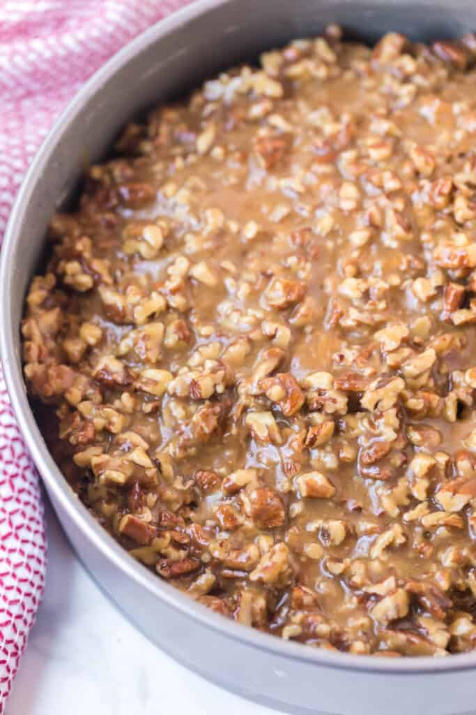 oatmeal cake with sticky nut icing in a cheesecake tin top view