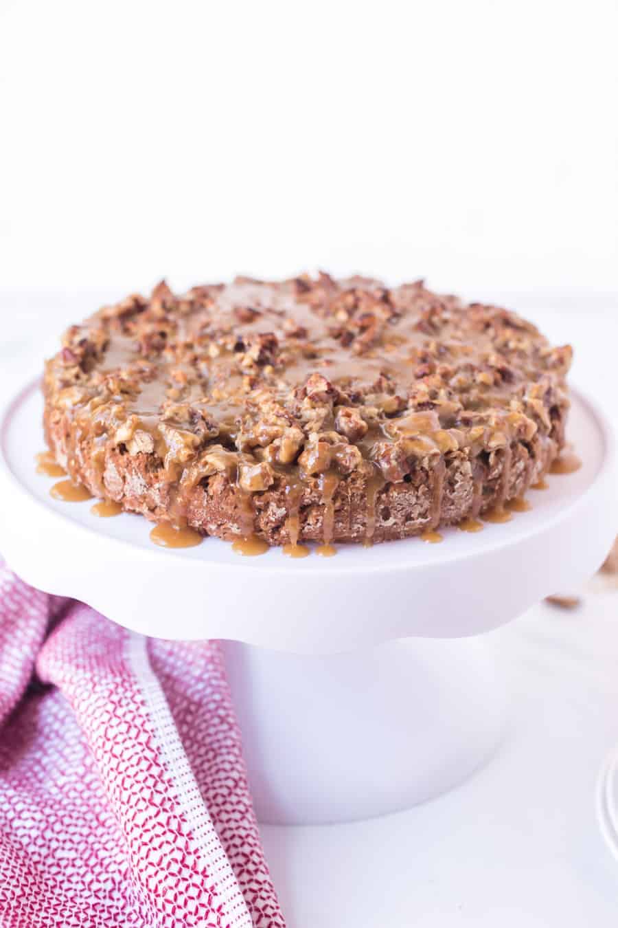 oatmeal cake on white cake stand