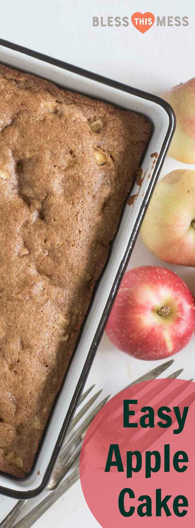 A pan of apple cake with title image for Easy Apple Cake