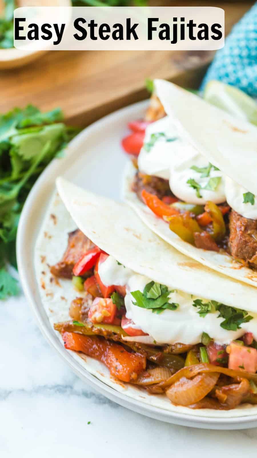 Easy steak fajitas come together fast with simple, fresh ingredients, including onion, peppers, salsa, pre-grilled steaks, and smoky, savory seasonings. #fajitas #steak #steakfajitas #texmex #mexicanfood #grilledsteak