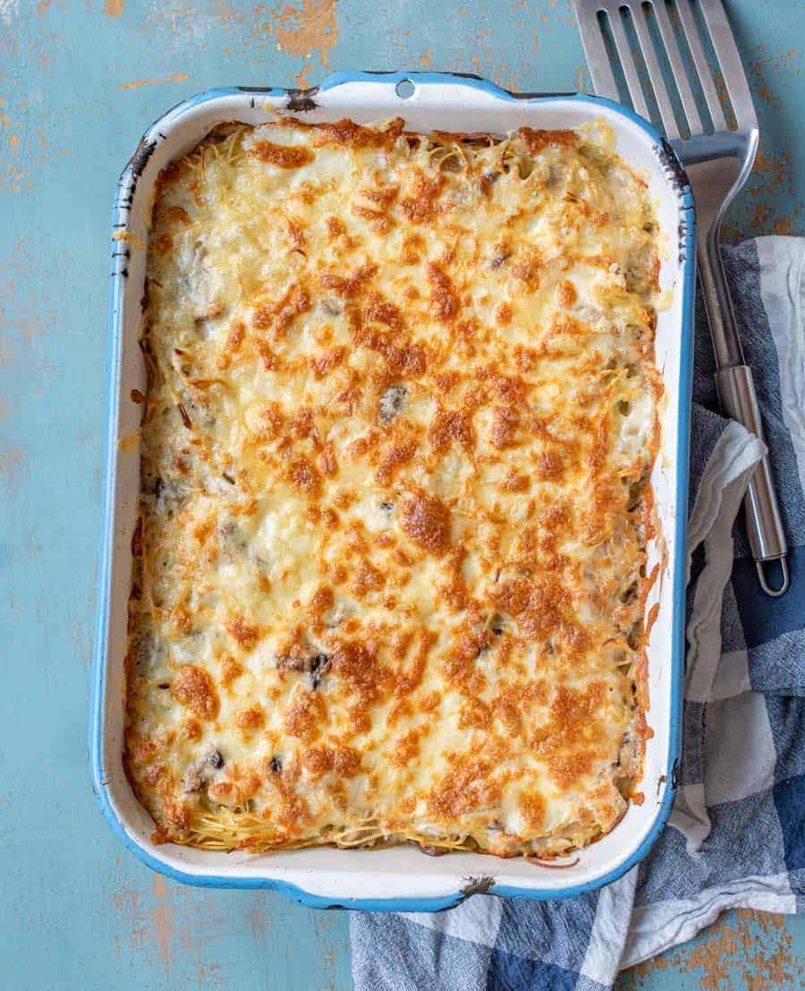 A full pan of chicken tetrazzini cooked with brown crisping cheese on top ready to eat.