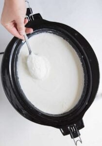 white slow cooker yogurt in a black slow cooker or crock pot with hand holding spoon dipped in yogurt.
