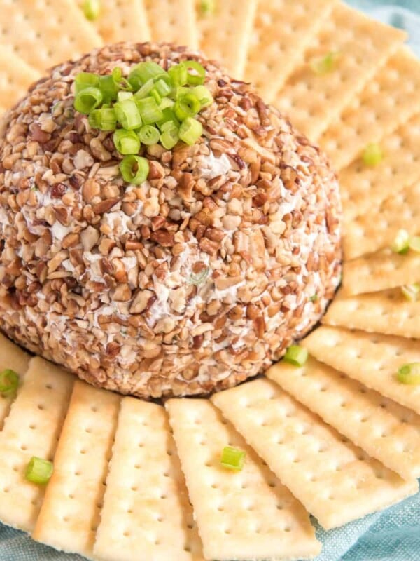beef and onion cheese ball surrounded by crackers on a white plate