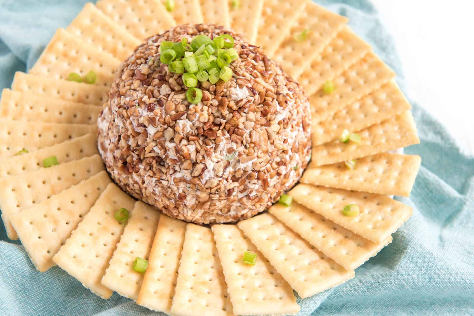 beef and onion cheese ball surrounded by crackers on a white plate