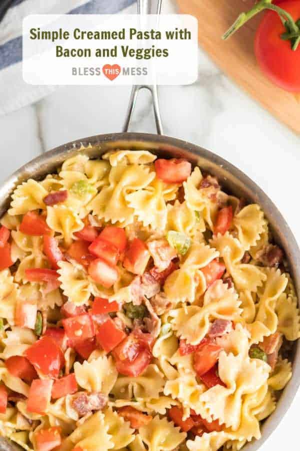 Title Image for Simple Creamed Pasta with Bacon and Veggies and a skillet of bowtie pasta with diced tomatoes, green pepper and bacon