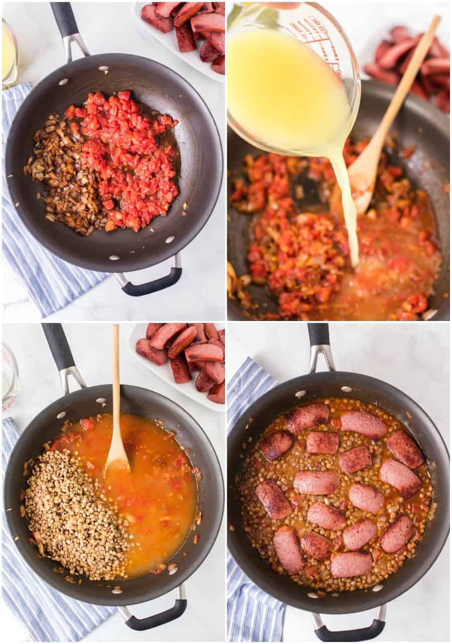 spicy lentils with sausage recipe how to collage image