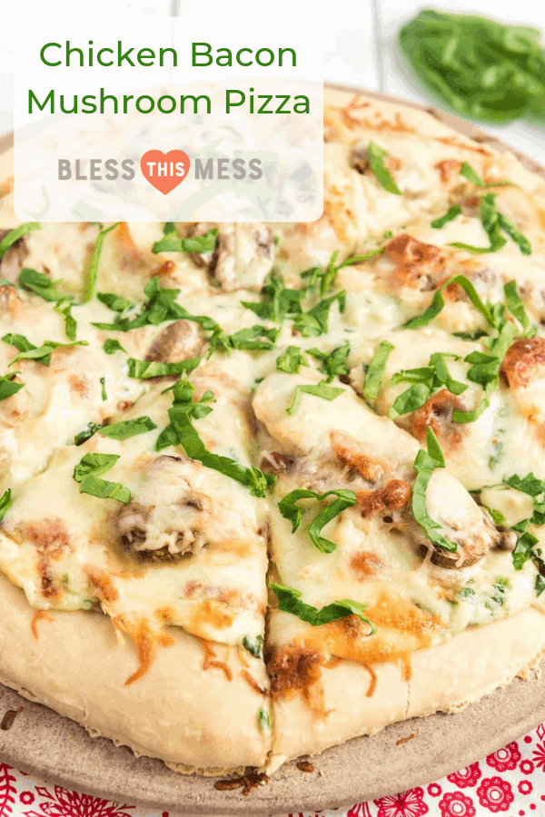 Take your homemade pizza to new heights with this recipe featuring chicken, bacon, and mushrooms slathered in melted cheese and creamy sauce.