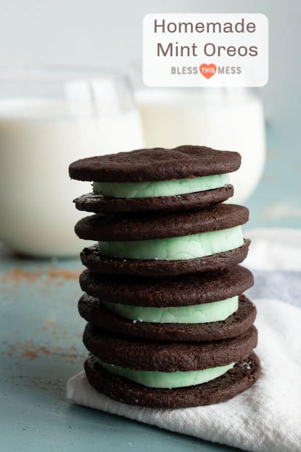 Homemade Mint Oreo cookies made with dark cocoa powder are crispy on the outside, with a perfect mint cream filling in the middle.