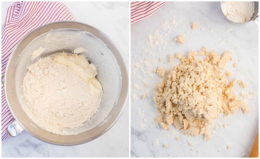 Two pictures, on the left is a bowl with all of the ingredients for the cookies before being mixed. On the right is some of the dough on a counter covered in flour waiting to be rolled out.