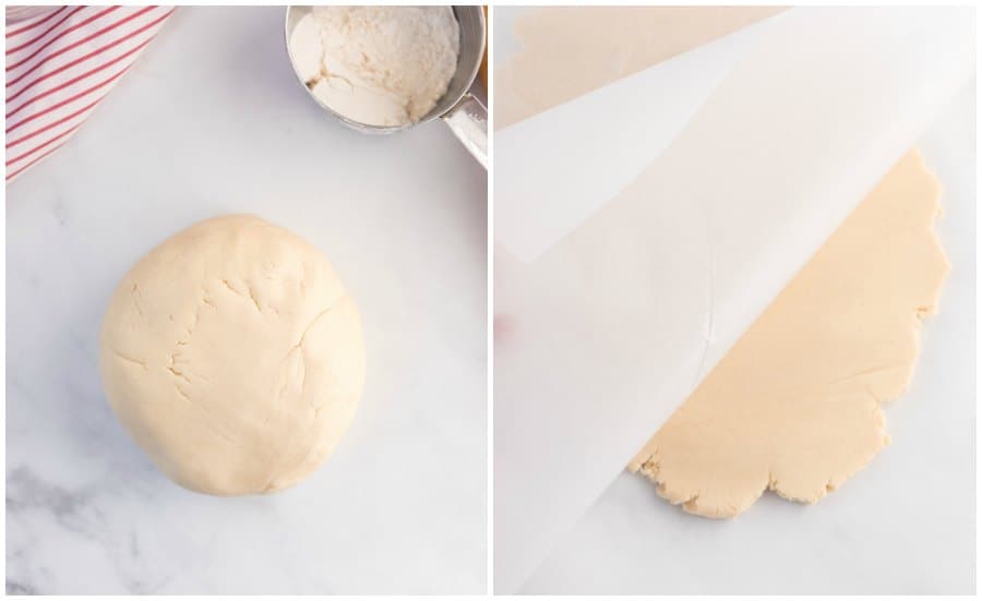 Two pictures, on the left is a ball of dough with a measuring cup of flour in the upper right and a red and white striped dish towel in the upper left. In the picture on the right is parchment paper peeling back to reveal the rolled out dough.