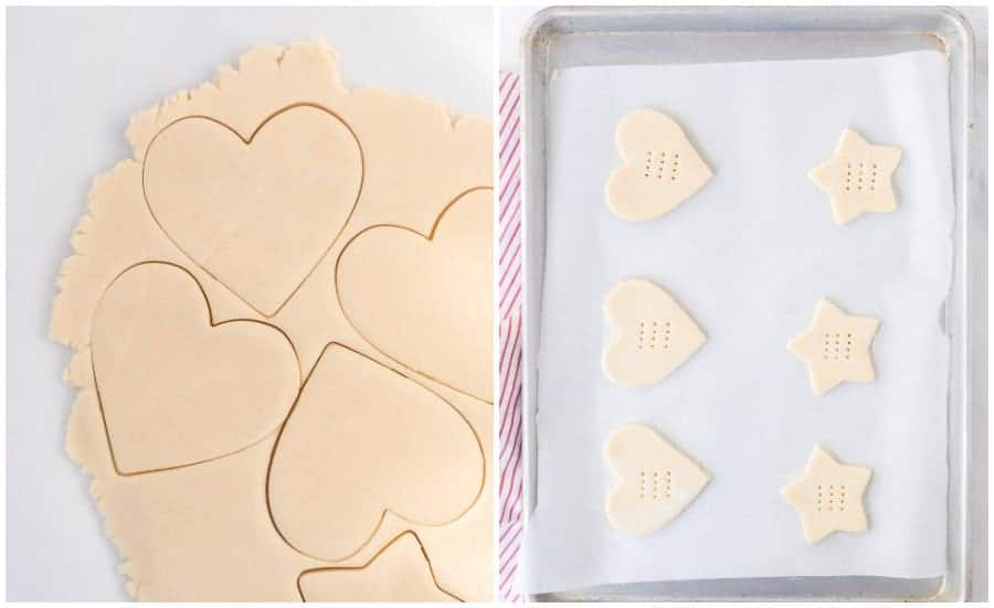 Two pictures, the picture on the left shows the rolled out dough with heart and star shapes cut out of it. On the left is a cookie sheet, covered with parchment paper with some heart and star shaped cookies on it, waiting to be cooked.