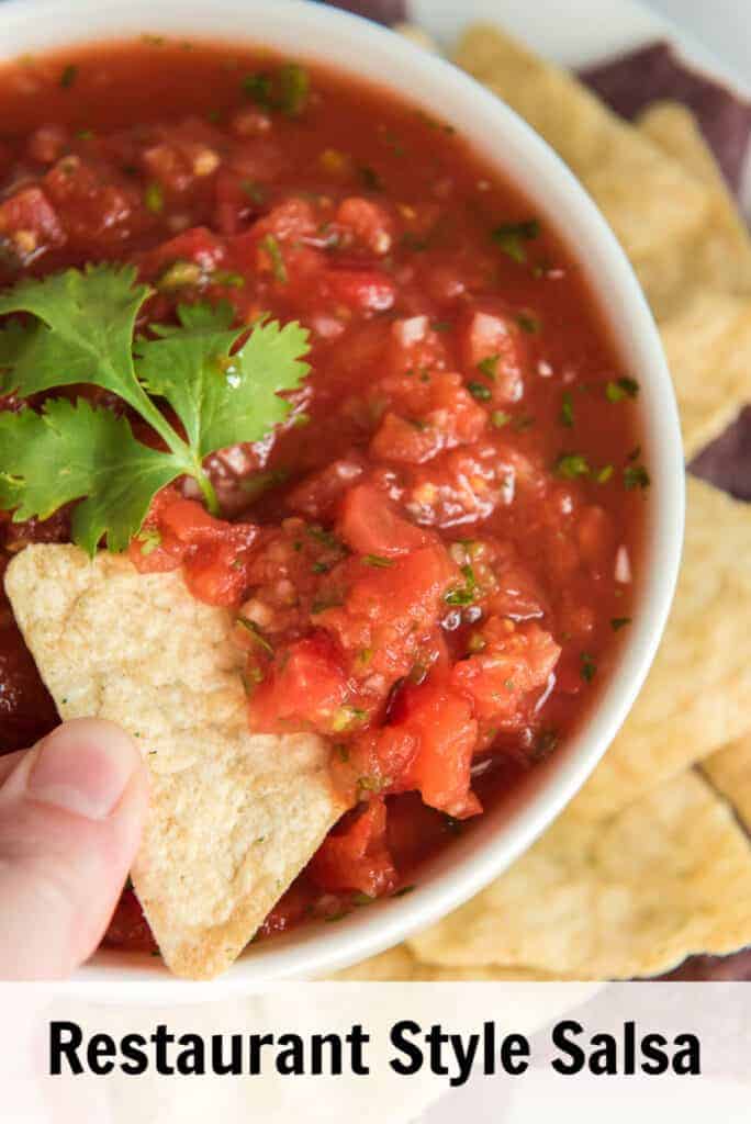 text reads "restaurant style salsa" with a hand dipping a tortilla chip in salsa