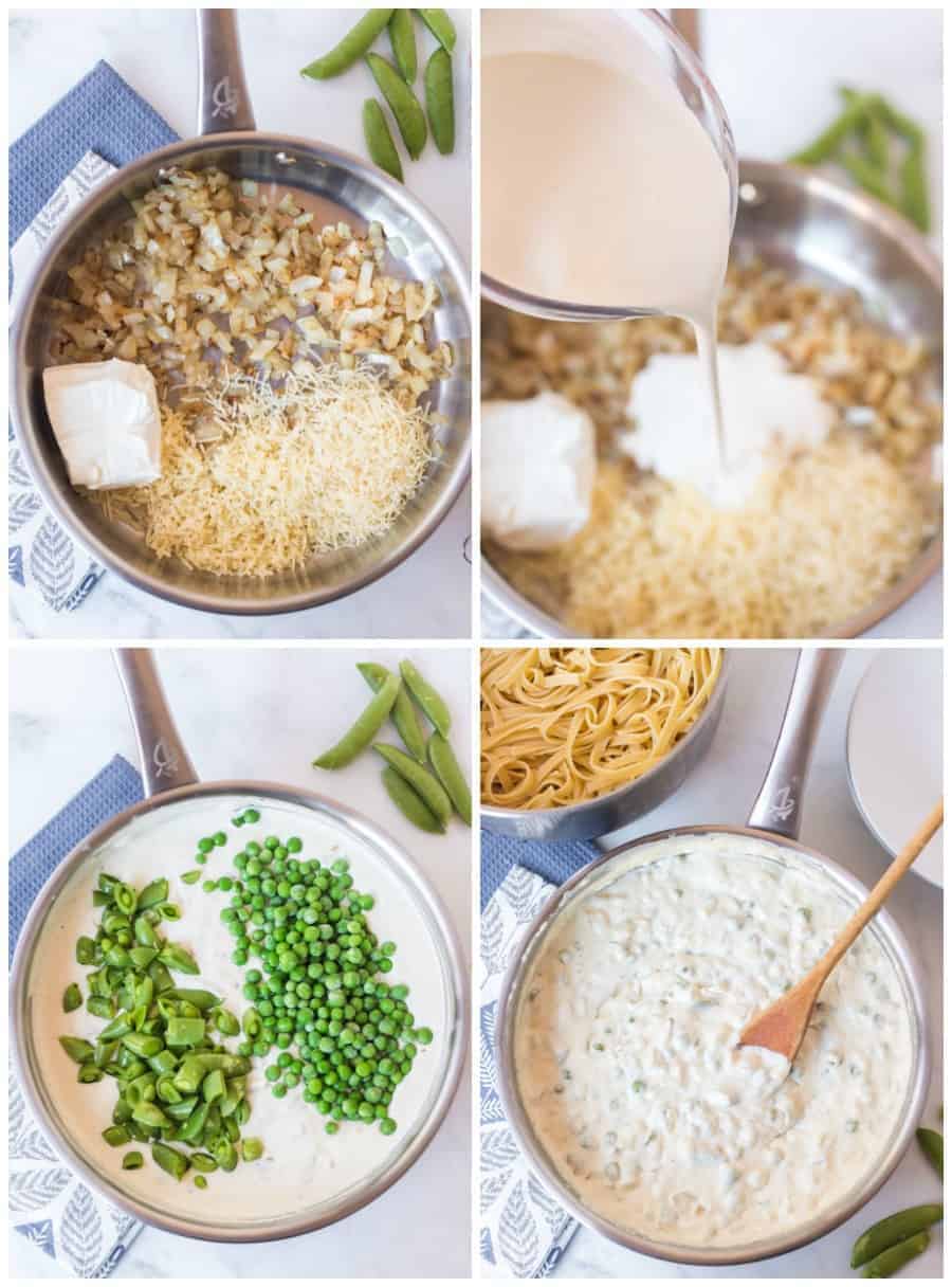 creamy bacon and pea pasta step by step how to collage image
