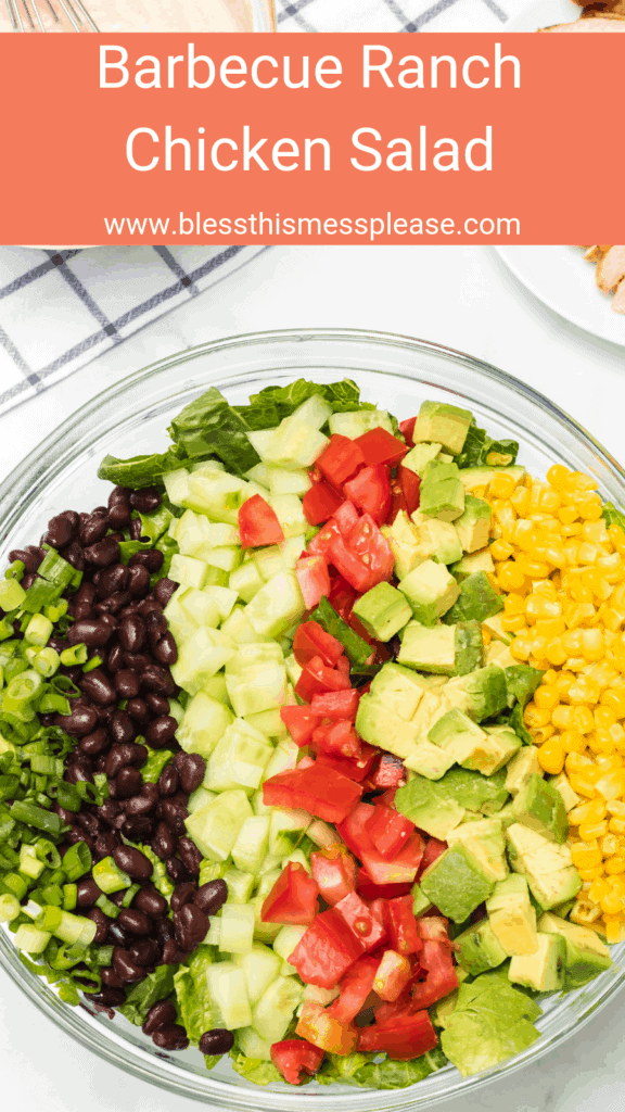 Title Image for Barbecue Ranch Chicken Salad and a bowl of colorful vegetables and black beans for the salad