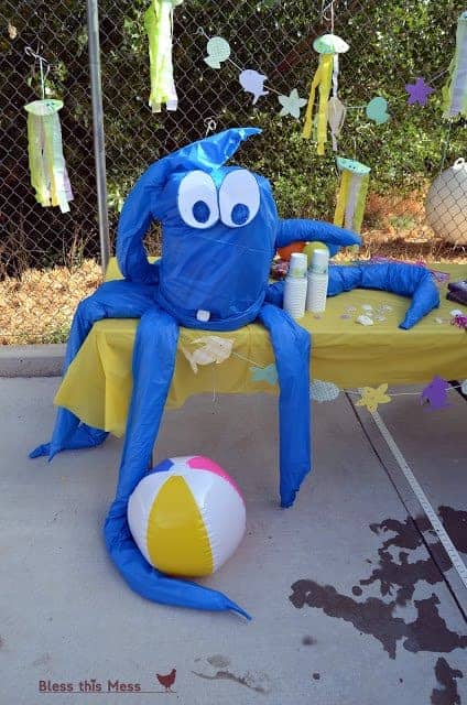 A giant hand-crafted blue octopus table decoration