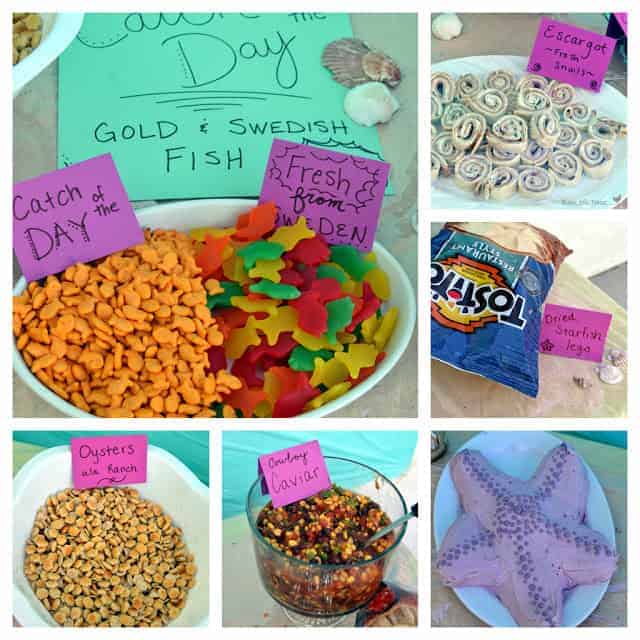 A collage of beach-themed party snacks and a starfish shaped cake