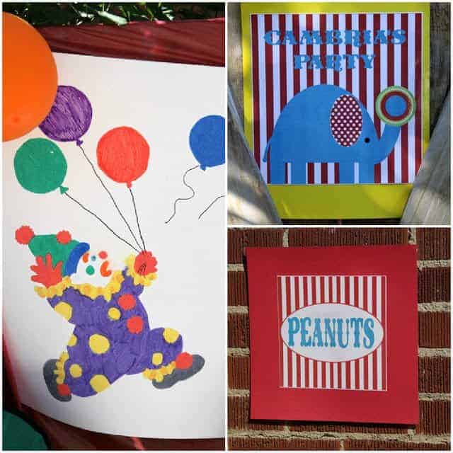 A collage of three circus-themed party decorations and signs