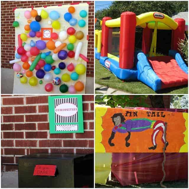 A collage of four different circus-themed party games, including a bounce house and balloon pop game