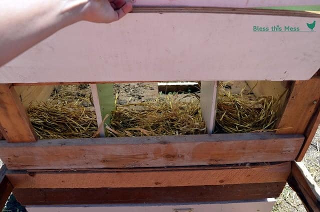 A wooden chicken coop with 3 nesting boxes with hay