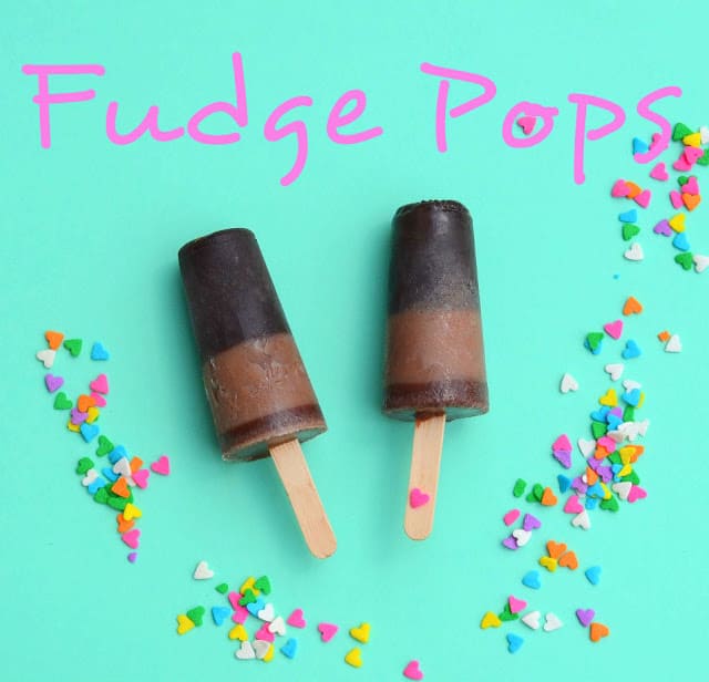 Text for Fudge Pops and two homemade fudge pops with confetti on an aqua background