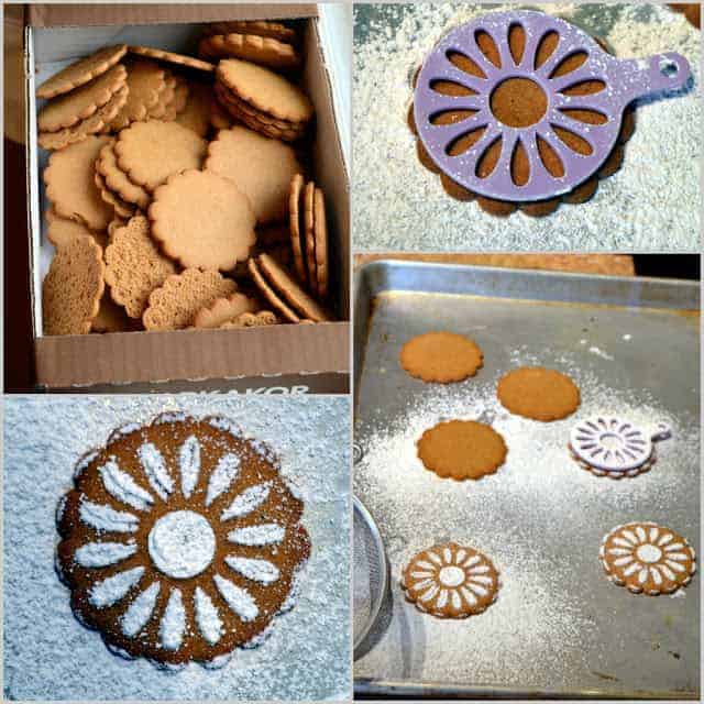 A collage of images of ginger cookies being decorated with a stencil and powdered sugar