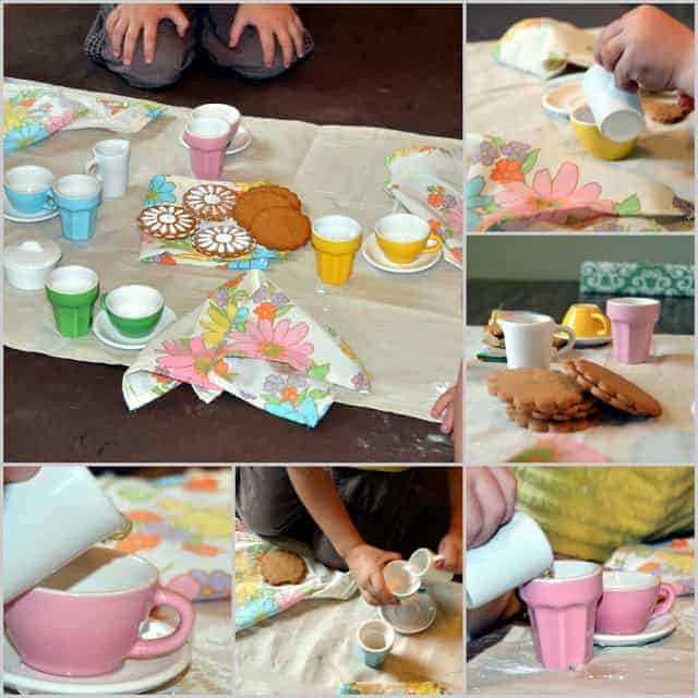 A collage of images of a tea party with colorful tea set, cloth napkins, and cookies