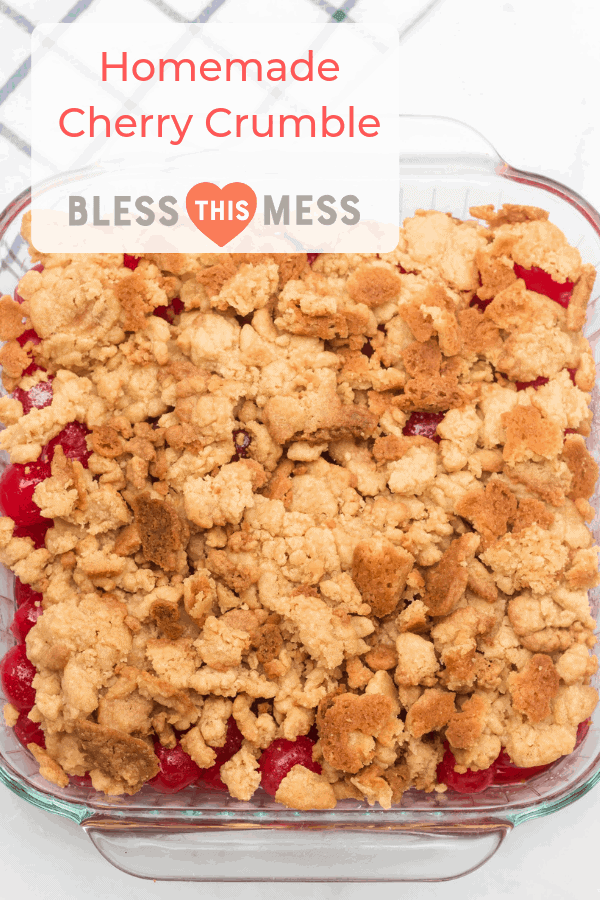 Title Image for Cherry Crumble and a square glass baking dish filled with cherry crumble