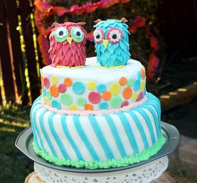A two-tiered birthday cake with two owls on top
