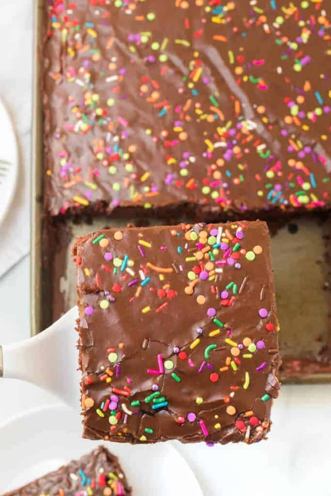 top view of chocolate sheet cake with sprinkles on top