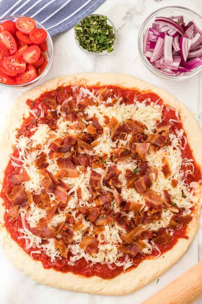 Herb and Tomato Bacon Pizza — Homemade Bacon Pizza with Herbs