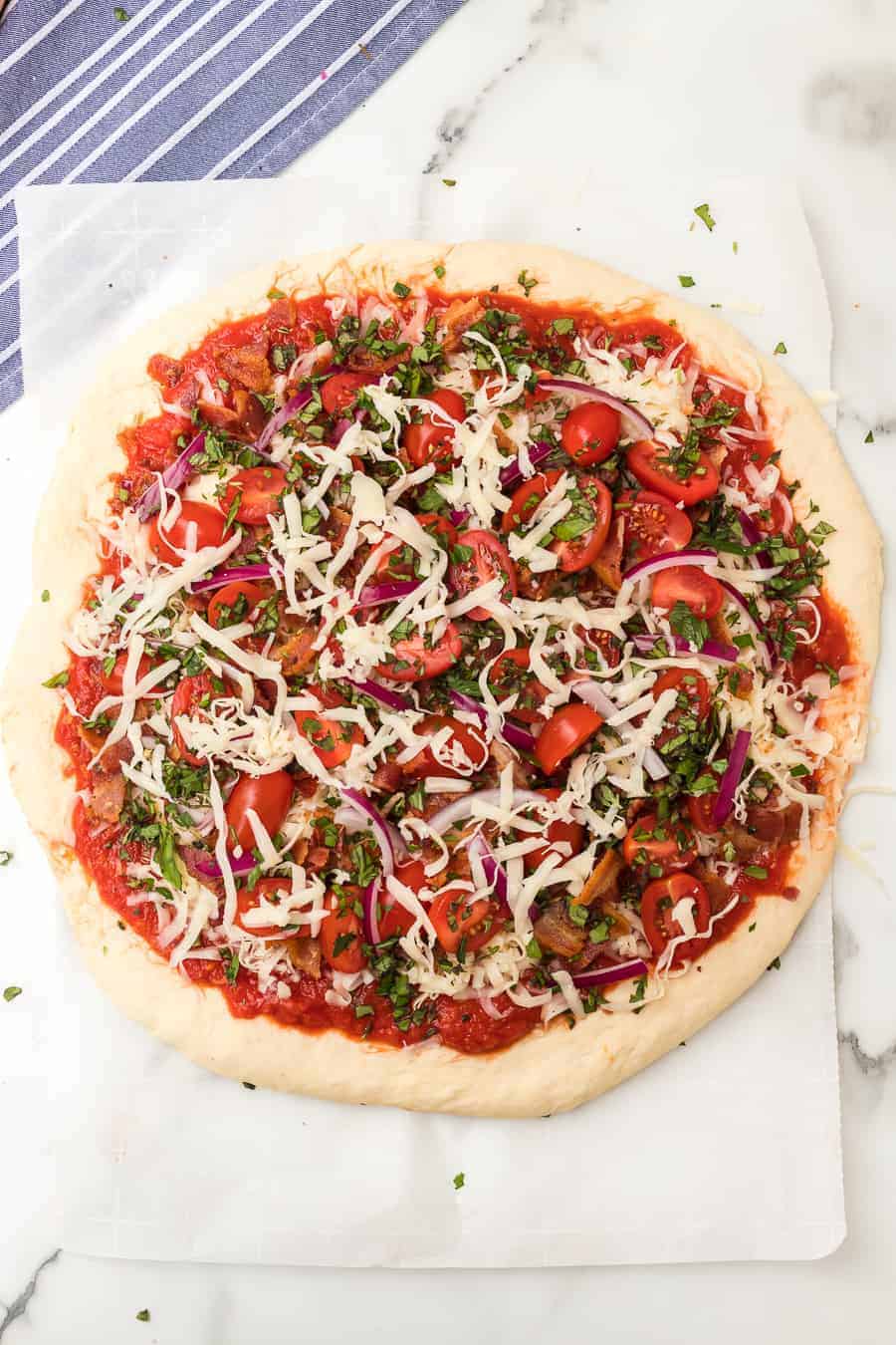 Herb and Tomato Bacon Pizza — Homemade Bacon Pizza with Herbs
