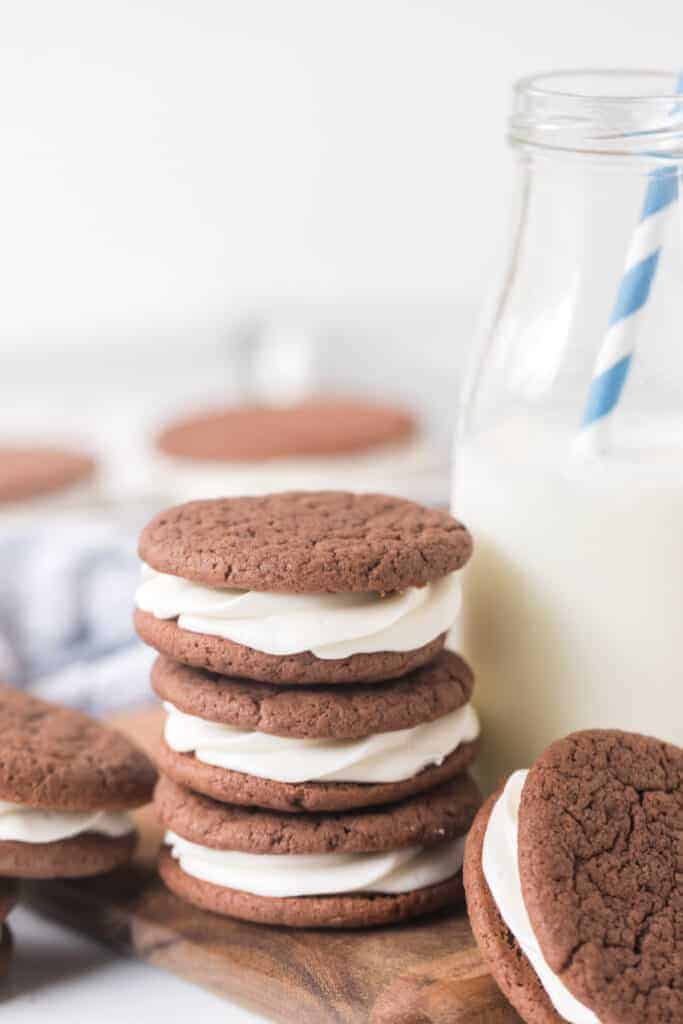 homemade soft Oreos with a glass of milk