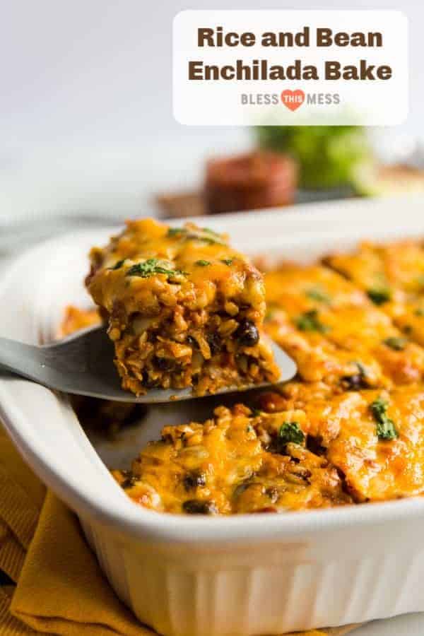 Title Image for Rice and Bean Enchilada Bake and a white baking dish filled with enchilada bake and topped with melted cheese
