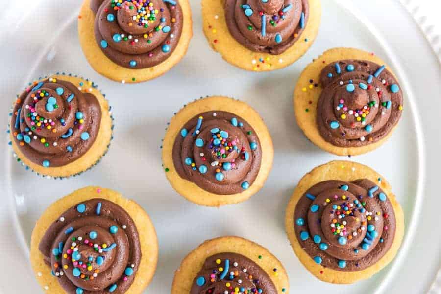 Homemade Chocolate Buttercream Frosting with sprinkles on cupcake