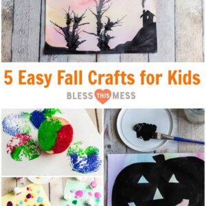 Title Image for 5 Easy Fall Crafts for Kids with examples of four fall crafts