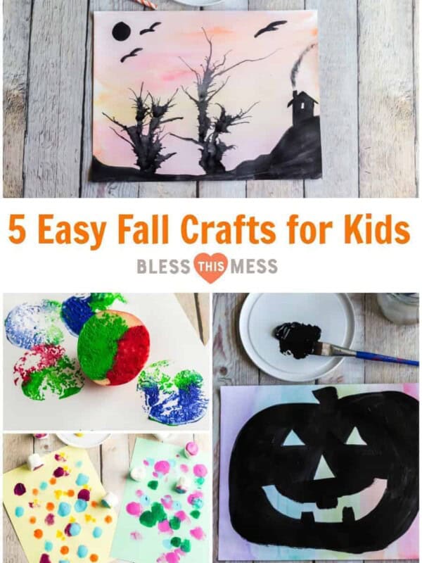 Title Image for 5 Easy Fall Crafts for Kids with examples of four fall crafts