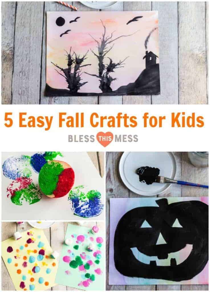 Title Image for 5 Easy Fall Crafts for Kids with examples of four fall crafts