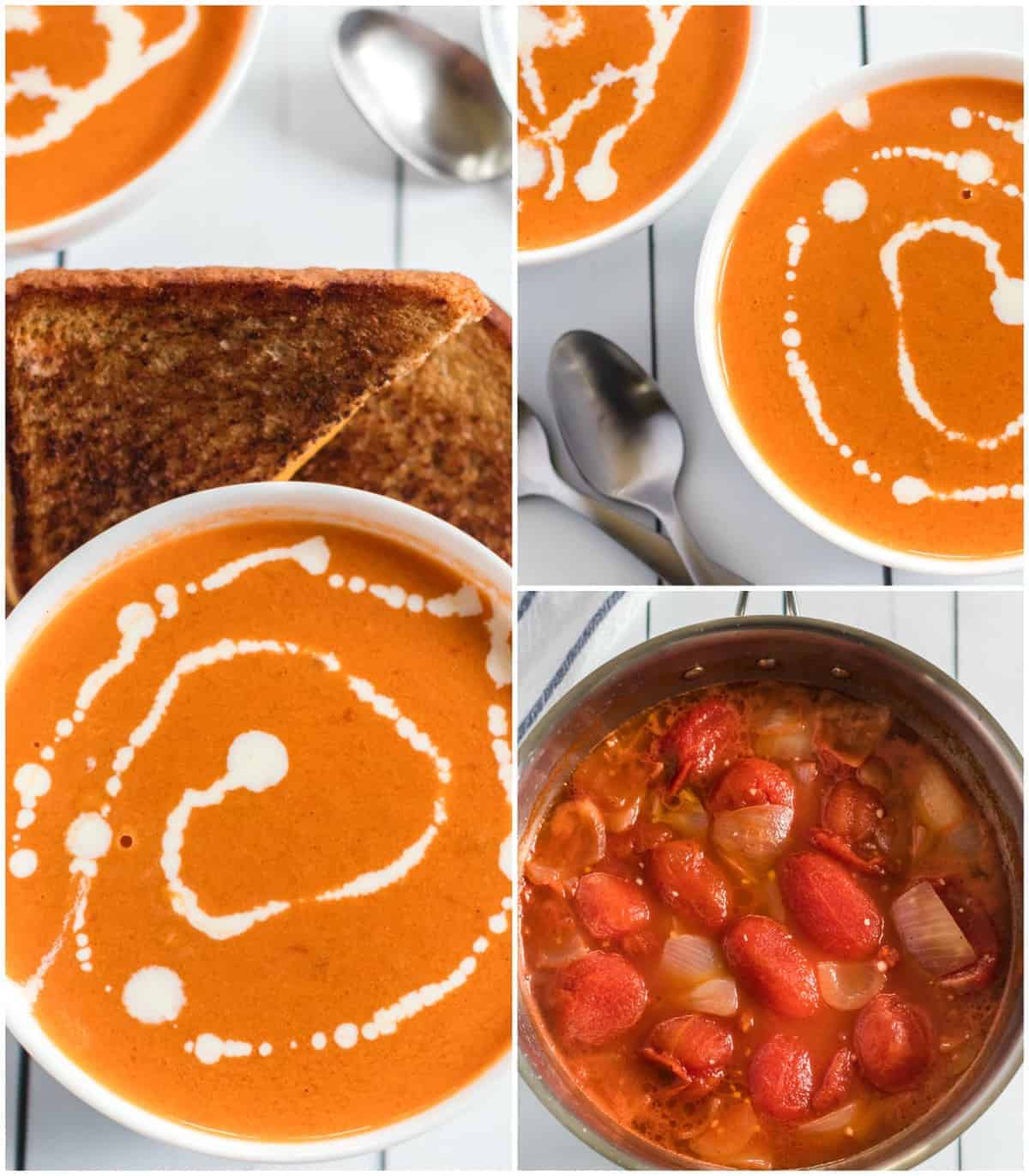 Simple Cream of Tomato Soup comes together quickly to make a creamy and lush soup with canned tomatoes, some onion and garlic, a little butter, and a few splashes of chicken broth and whole cream.