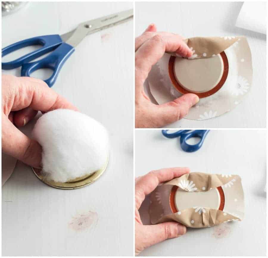 Three pictures showing the various steps to turning the lid of the jar into a pin cushion.